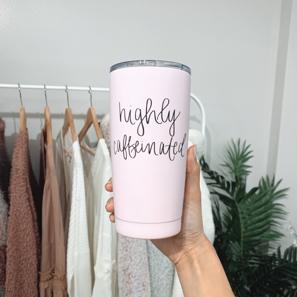 🆕 Blush Pink “Highly Caffeinated” Travel Mug